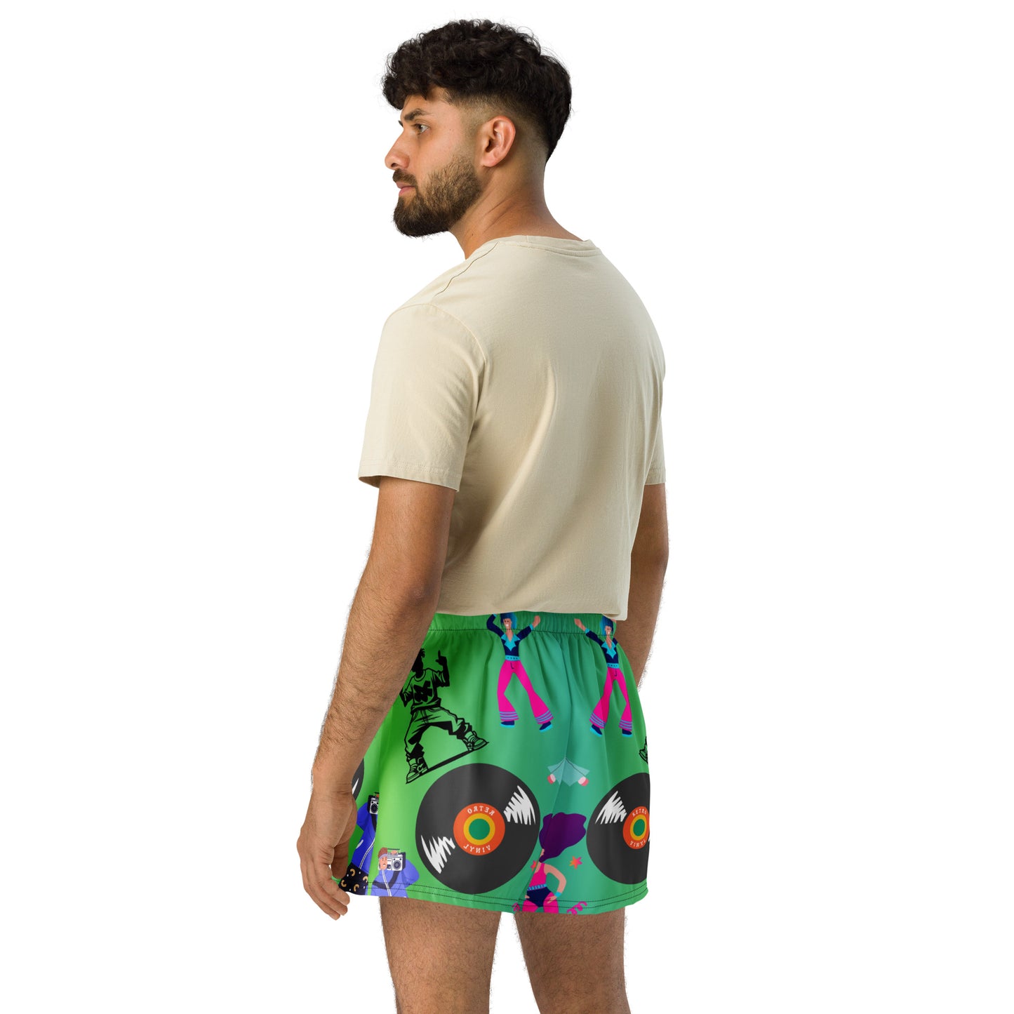 Hipyfi 80s Neon Workout Shorts – Unisex retro athletic shorts with vibrant 1980s dancewear design. right-back-4