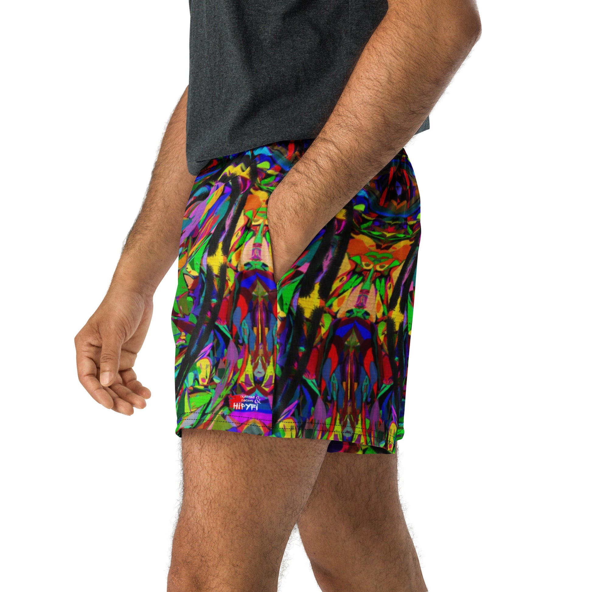 Neon Mythos unisex athletic shorts with vibrant abstract art print in recycled fabric by Hipyfi Clothes & Design – eco-friendly workout wear Front zoomed-in