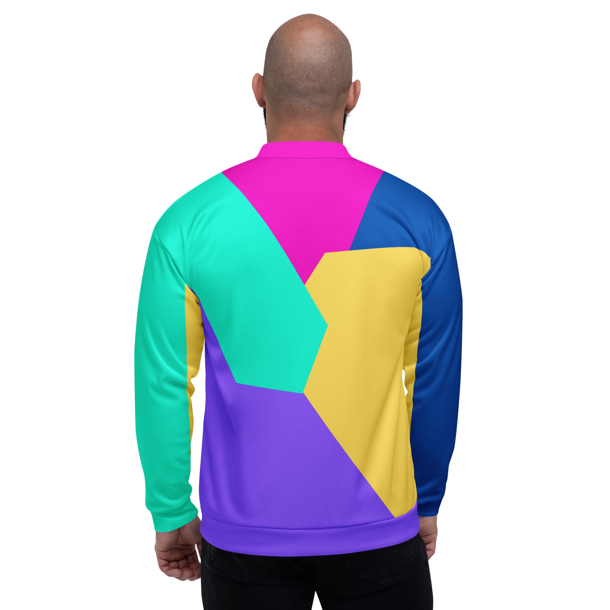 Unisex bomber jacket with Memphis style color block geometric design in bold 80s-inspired colors by Hipyfi Clothes & Design. back-3