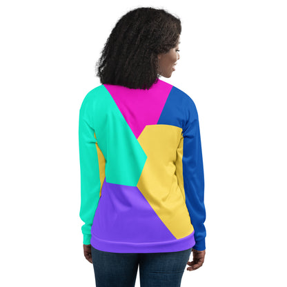Unisex bomber jacket with Memphis style color block geometric design in bold 80s-inspired colors by Hipyfi Clothes & Design. back-4