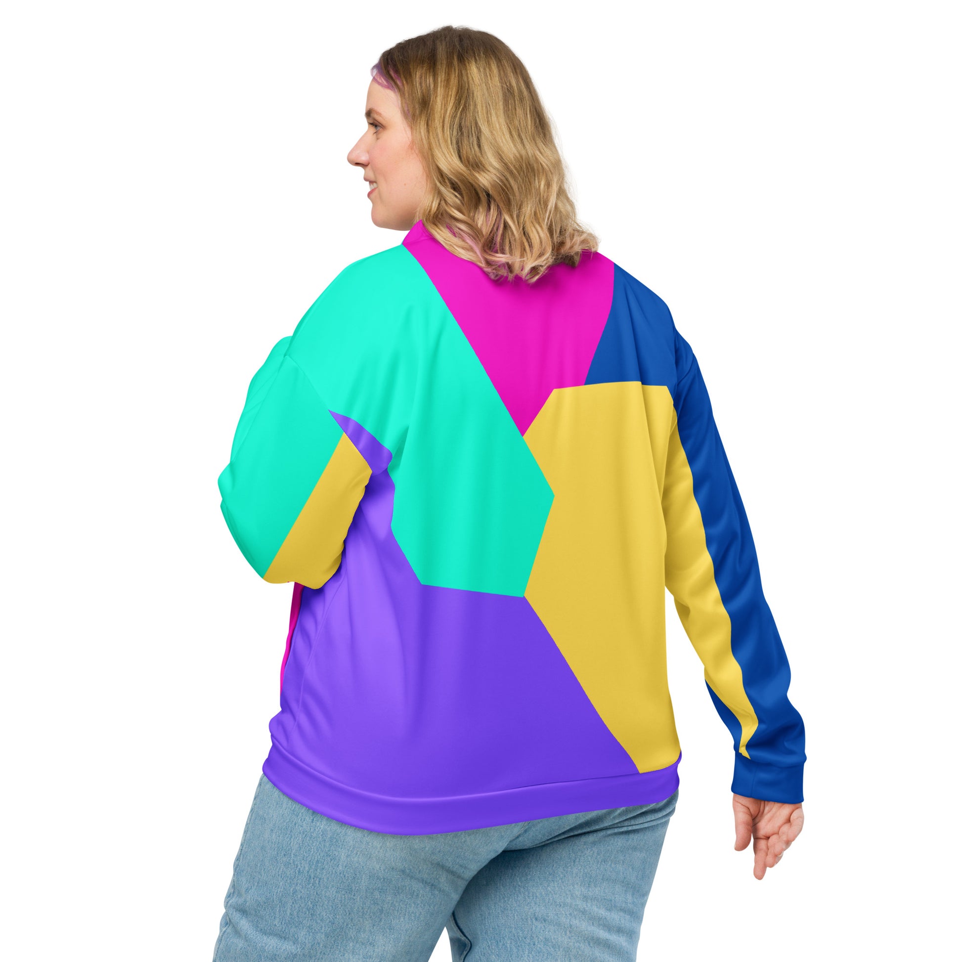 Unisex bomber jacket with Memphis style color block geometric design in bold 80s-inspired colors by Hipyfi Clothes & Design. back