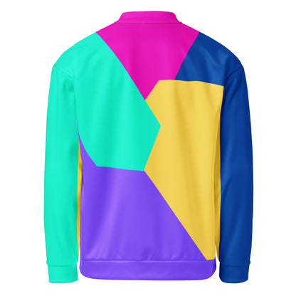 Unisex bomber jacket with Memphis style color block geometric design in bold 80s-inspired colors by Hipyfi Clothes & Design. back-5