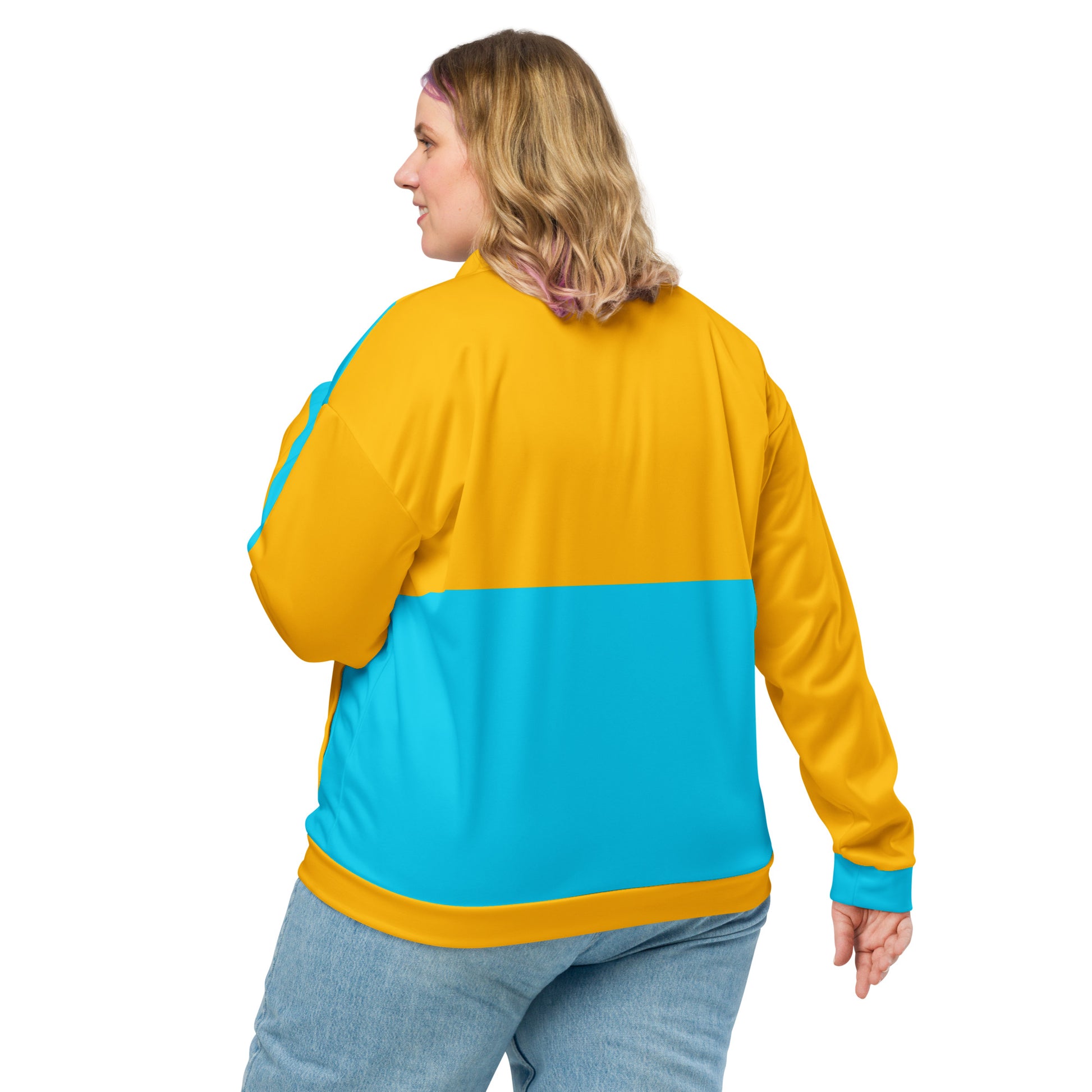 Modern unisex color-block bomber jacket in mustard yellow and cyan blue by Hipyfi Clothes & Design. back