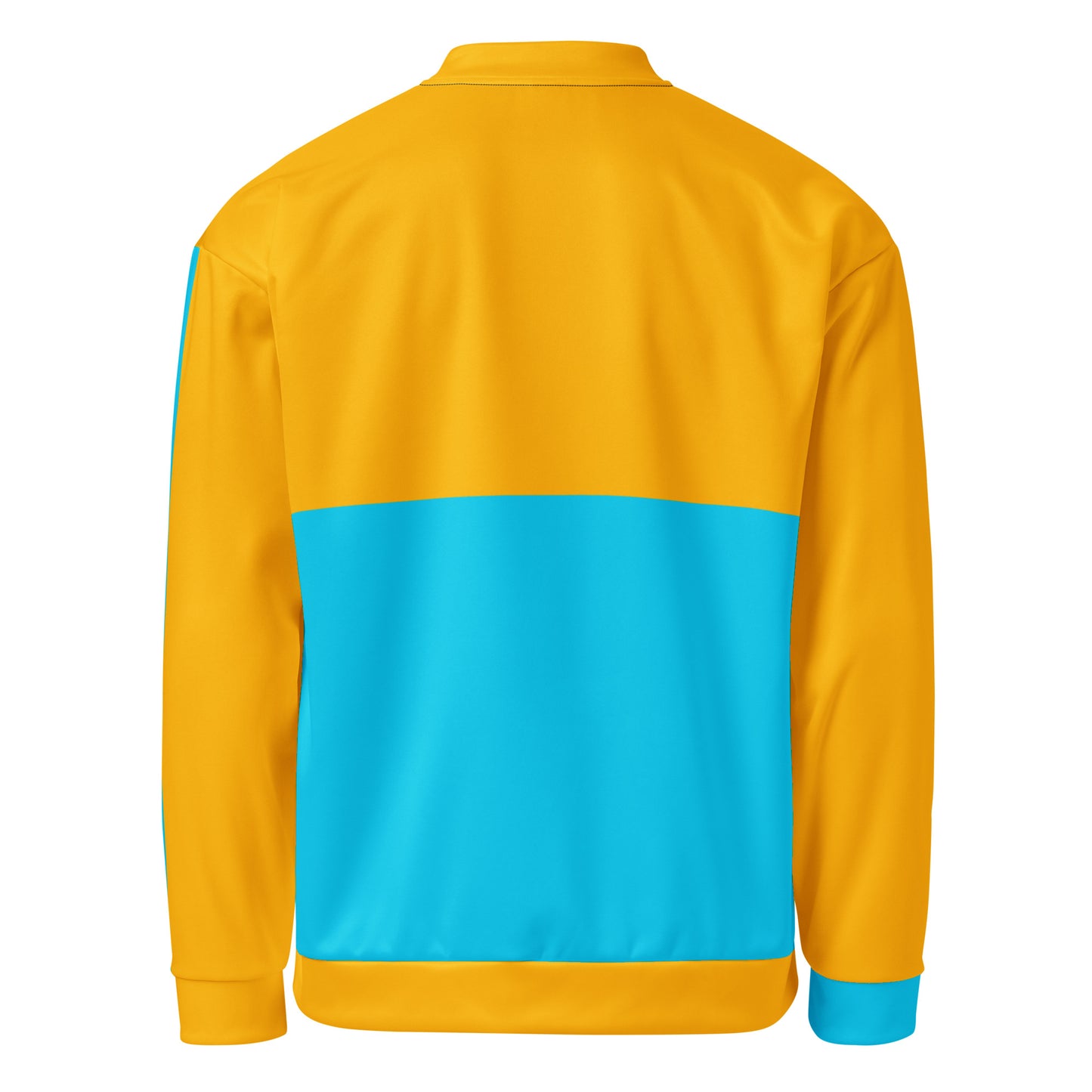 Modern unisex color-block bomber jacket in mustard yellow and cyan blue by Hipyfi Clothes & Design. back-5