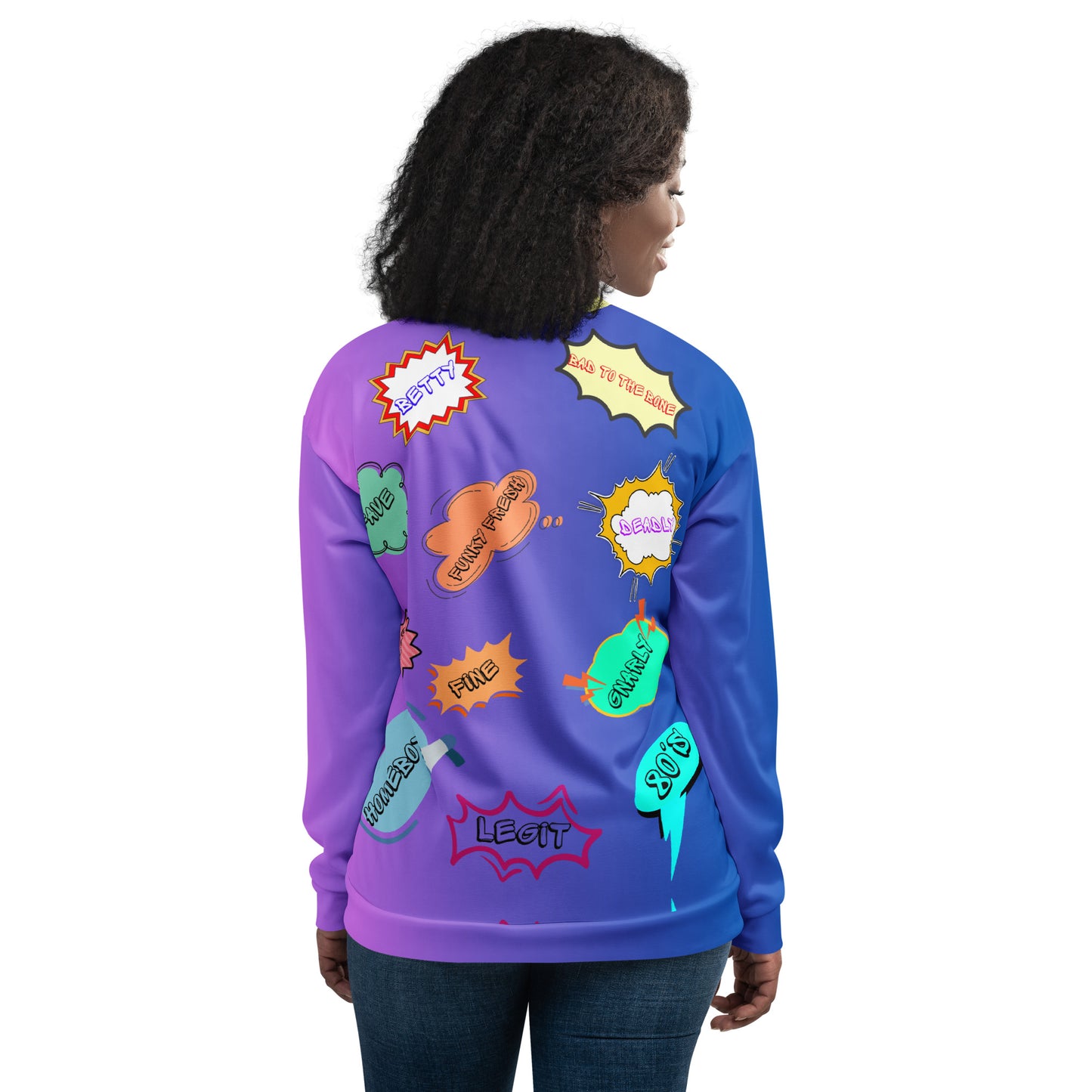 Unisex 80s comic bomber jacket with retro pop art design by Hipyfi Clothes & Design. back-4