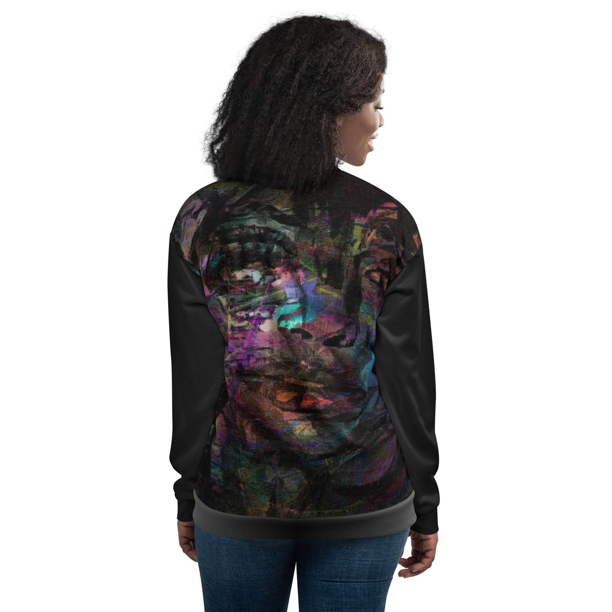 Chromatic Dreams Unisex Abstract Bomber Jacket with vibrant colorful print, featuring abstract art design, by Hipyfi Clothes & Design back-4