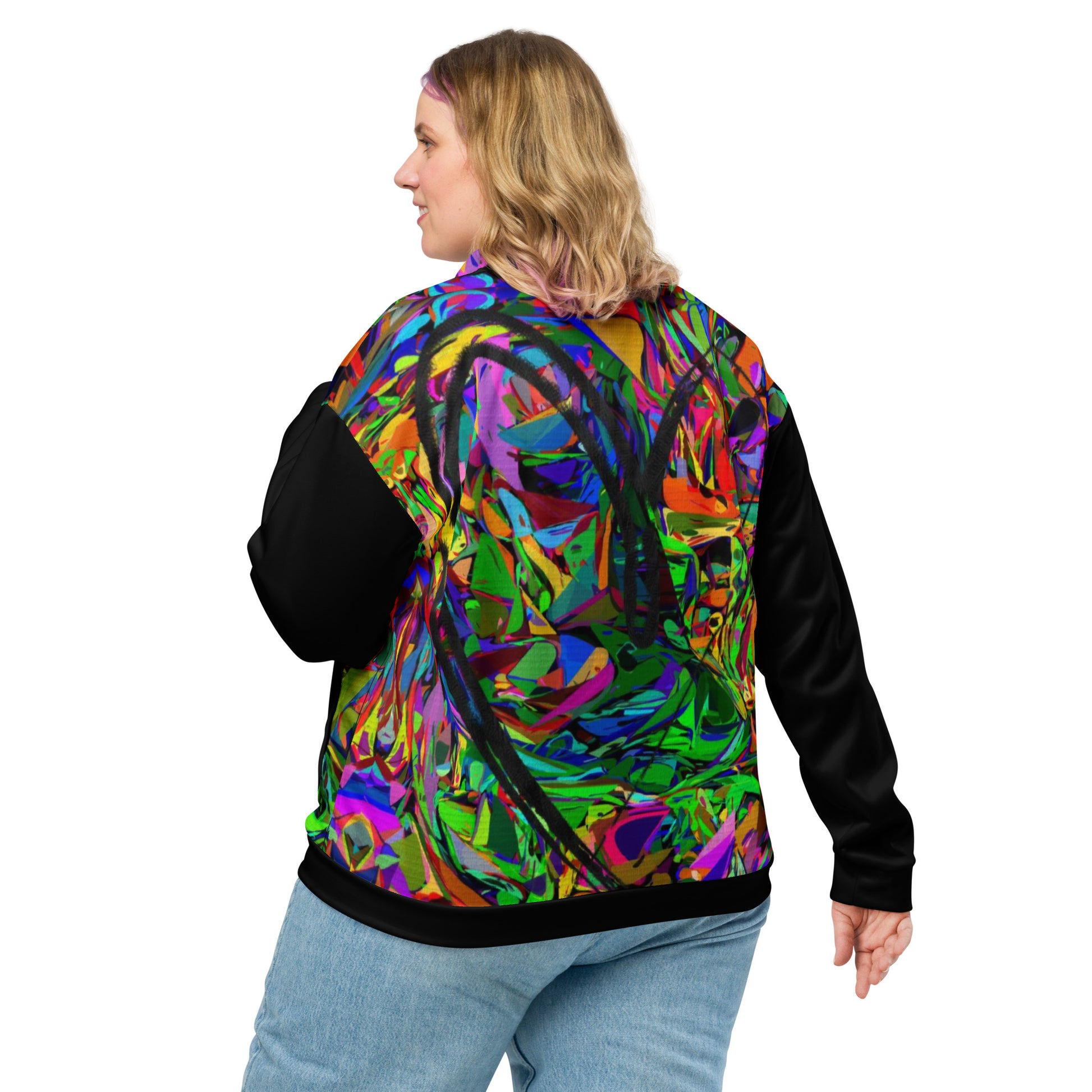 Unisex bomber jacket with vibrant neon abstract print – streetwear by Hipyfi Clothes & Design Back-3