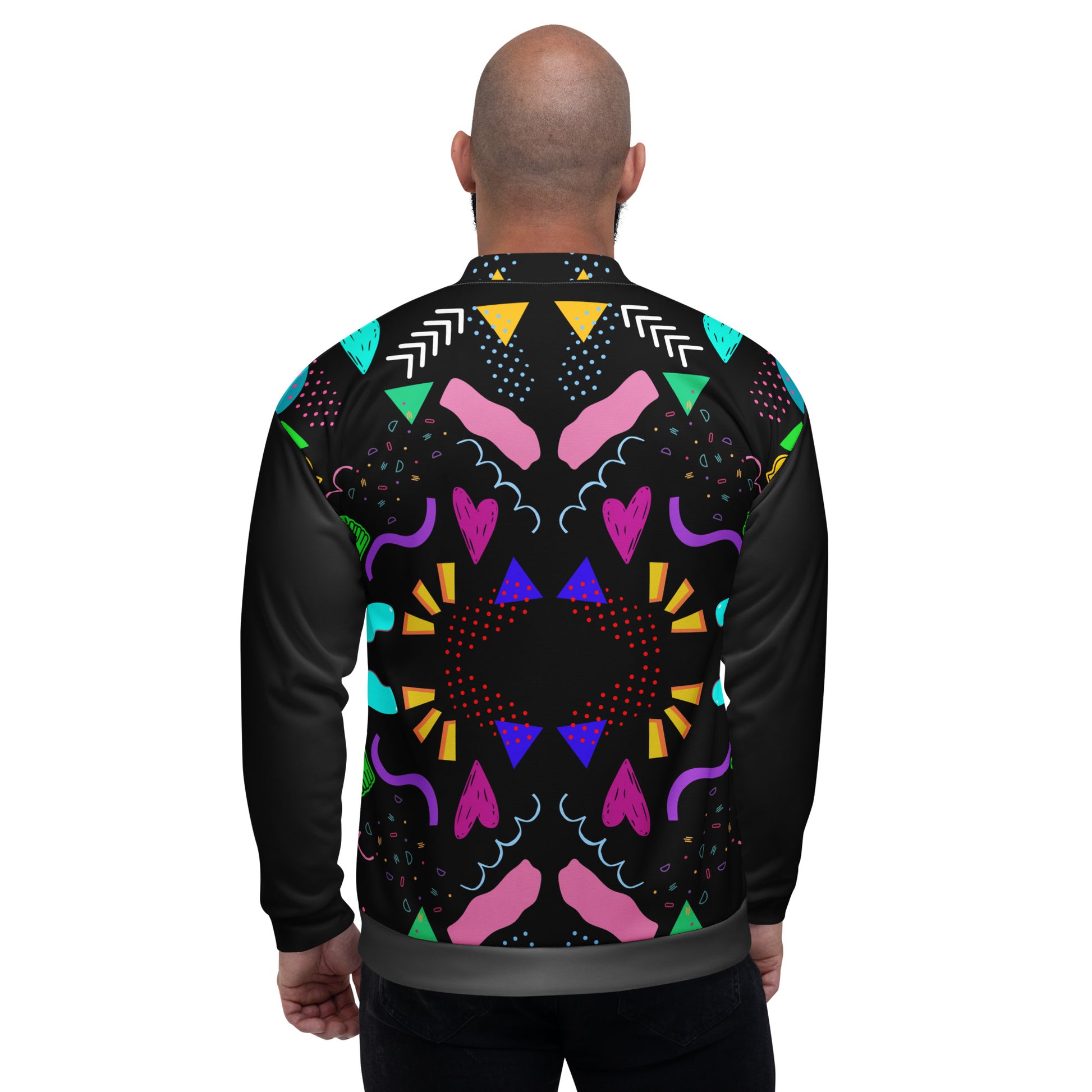 Unisex bomber jacket with retro pop art Memphis design by Hipyfi Clothes & Design. back-2
