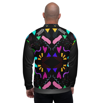 Unisex bomber jacket with retro pop art Memphis design by Hipyfi Clothes & Design. back-2