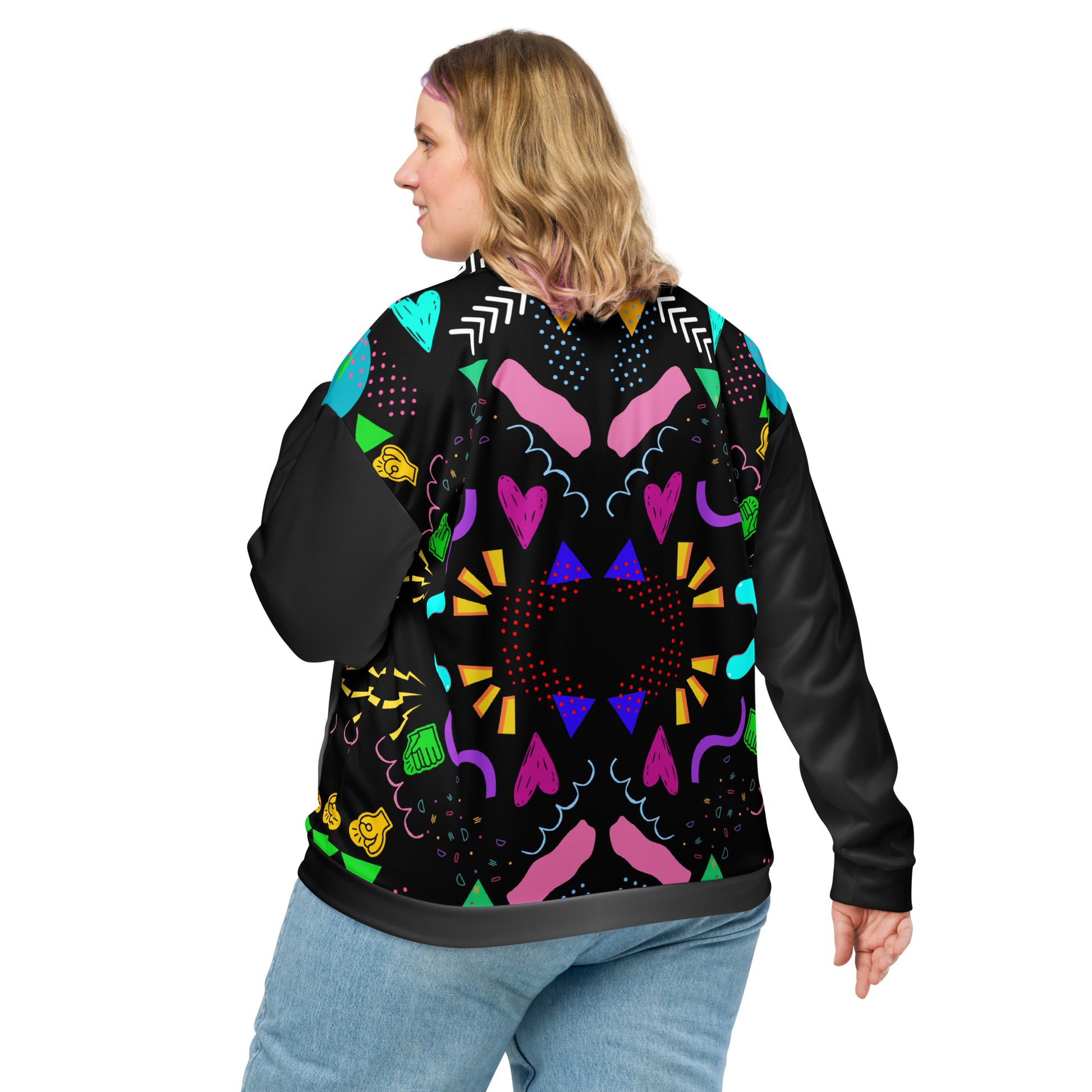Unisex bomber jacket with retro pop art Memphis design by Hipyfi Clothes & Design. back-3