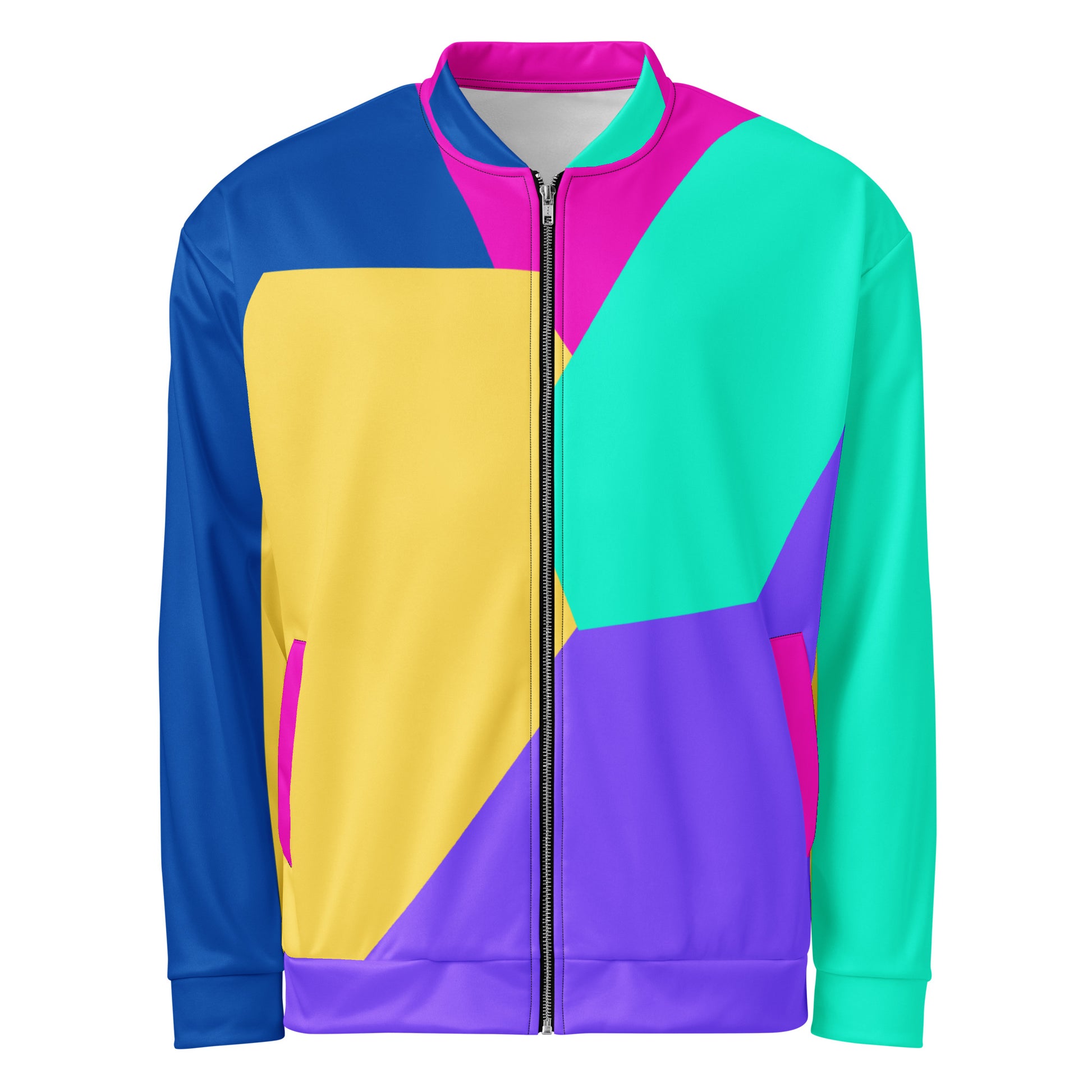 Unisex bomber jacket with Memphis style color block geometric design in bold 80s-inspired colors by Hipyfi Clothes & Design. front-5