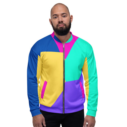 Unisex bomber jacket with Memphis style color block geometric design in bold 80s-inspired colors by Hipyfi Clothes & Design. front-3