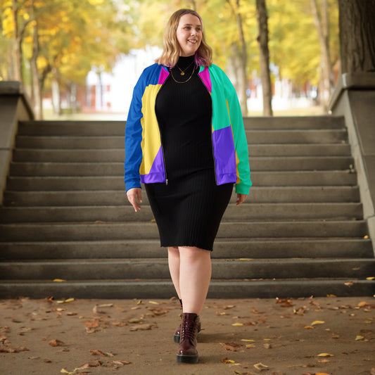 Unisex bomber jacket with Memphis style color block geometric design in bold 80s-inspired colors by Hipyfi Clothes & Design. front