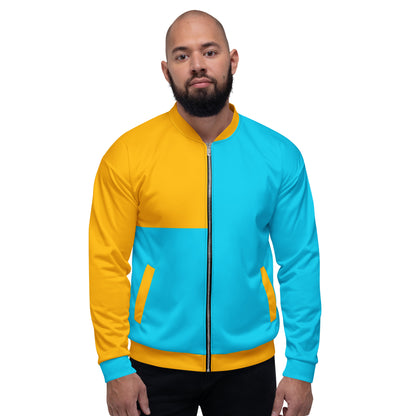 Modern unisex color-block bomber jacket in mustard yellow and cyan blue by Hipyfi Clothes & Design. front-3