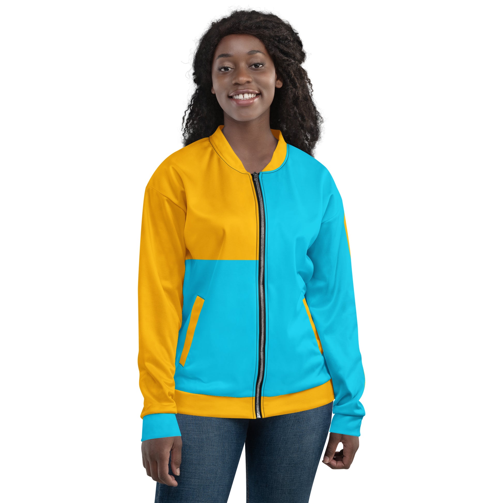 Modern unisex color-block bomber jacket in mustard yellow and cyan blue by Hipyfi Clothes & Design. front-4