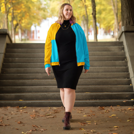 Modern unisex color-block bomber jacket in mustard yellow and cyan blue by Hipyfi Clothes & Design. front