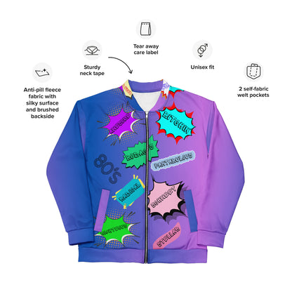 Unisex 80s comic bomber jacket with retro pop art design by Hipyfi Clothes & Design. Product-info