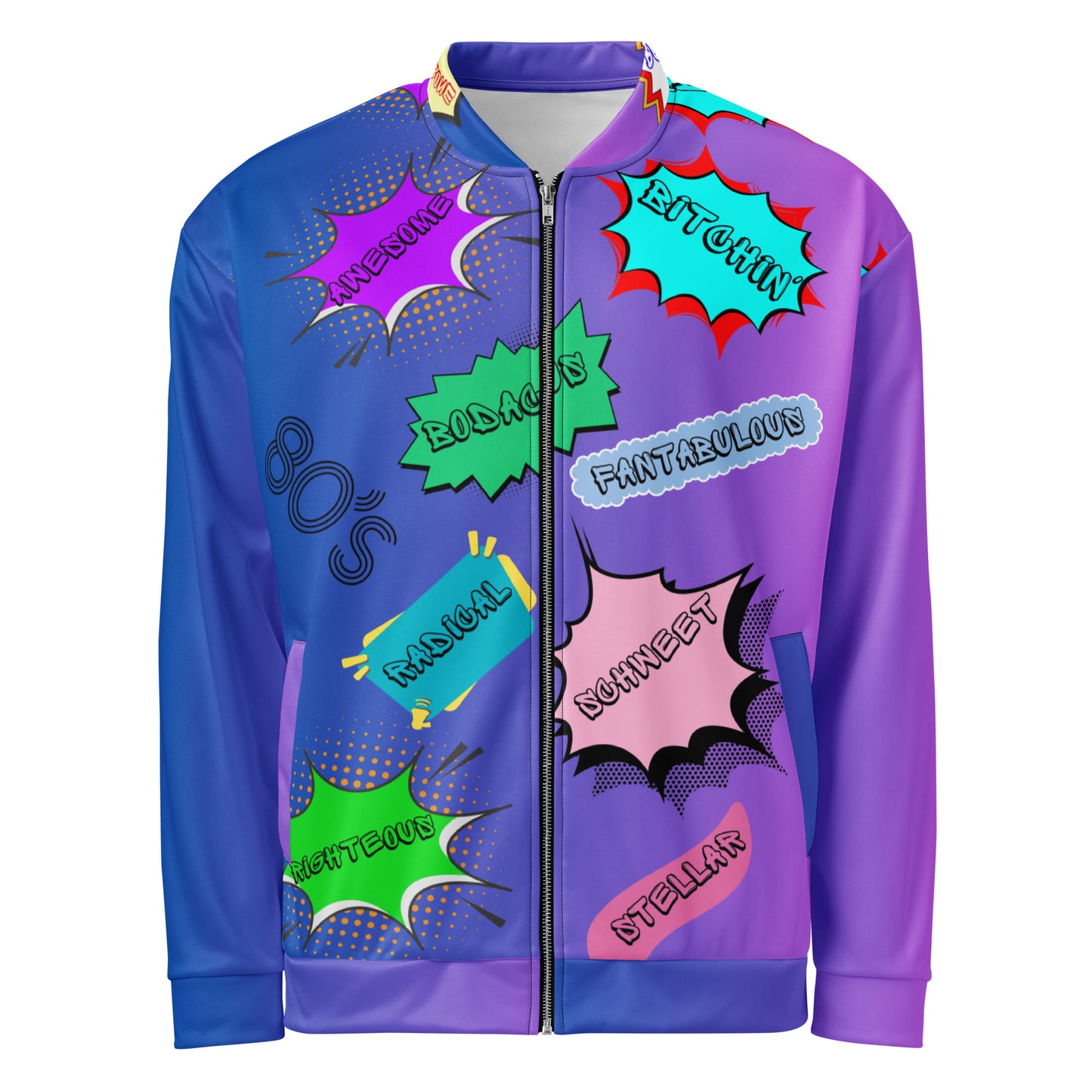 Unisex 80s comic bomber jacket with retro pop art design by Hipyfi Clothes & Design. front-5