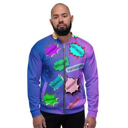 Unisex 80s comic bomber jacket with retro pop art design by Hipyfi Clothes & Design. front-3