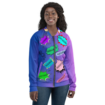 Unisex 80s comic bomber jacket with retro pop art design by Hipyfi Clothes & Design. front-4