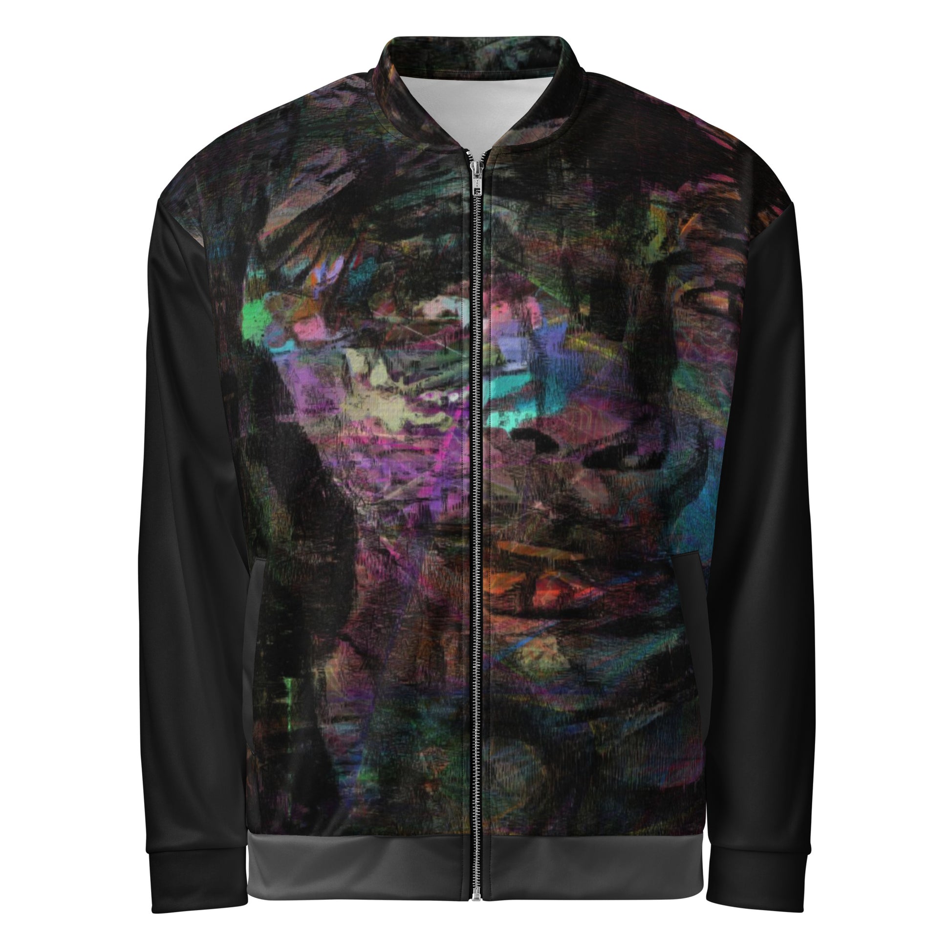 Chromatic Dreams Unisex Abstract Bomber Jacket with vibrant colorful print, featuring abstract art design, by Hipyfi Clothes & Design front-5