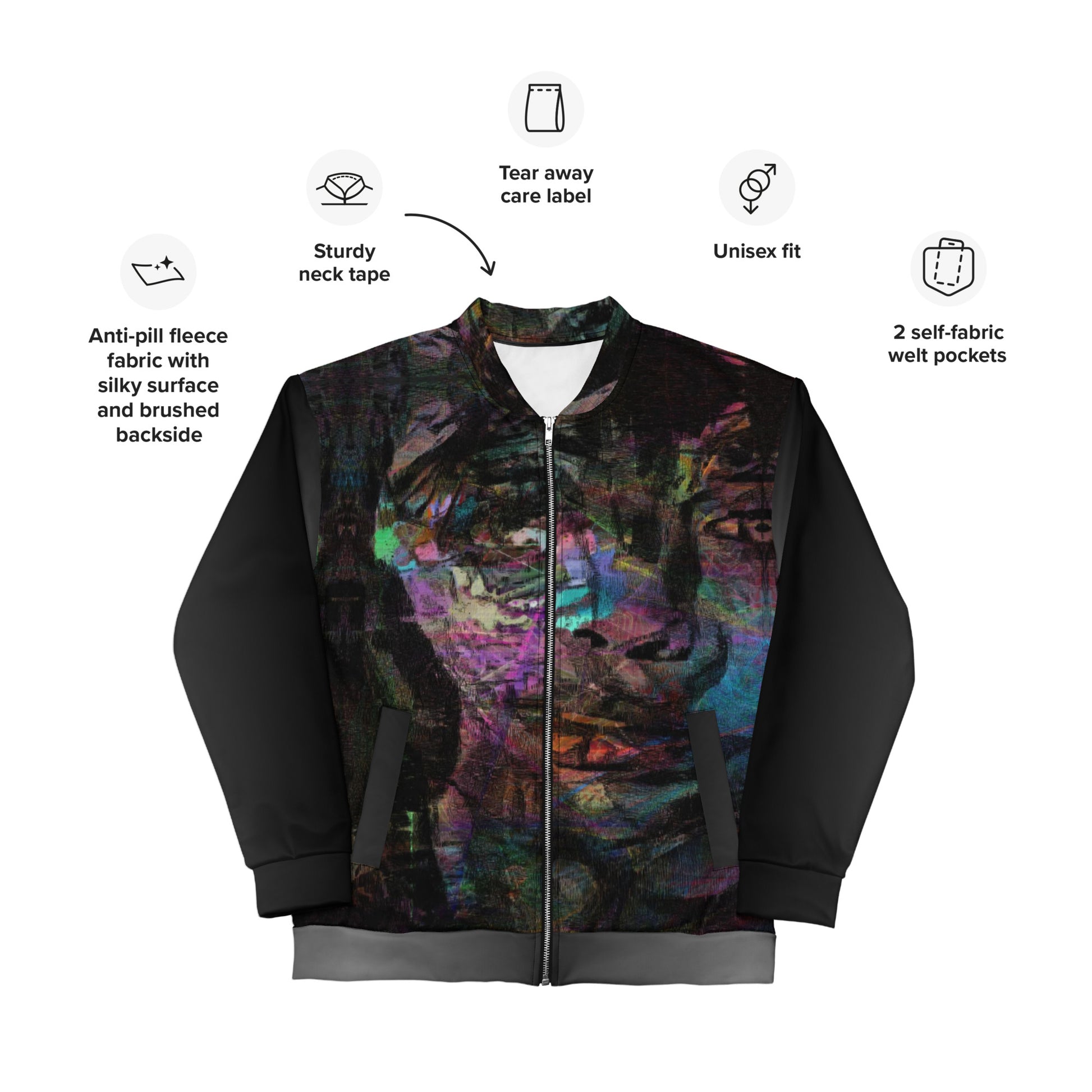 Chromatic Dreams Unisex Abstract Bomber Jacket with vibrant colorful print, featuring abstract art design, by Hipyfi Clothes & Design Product-info