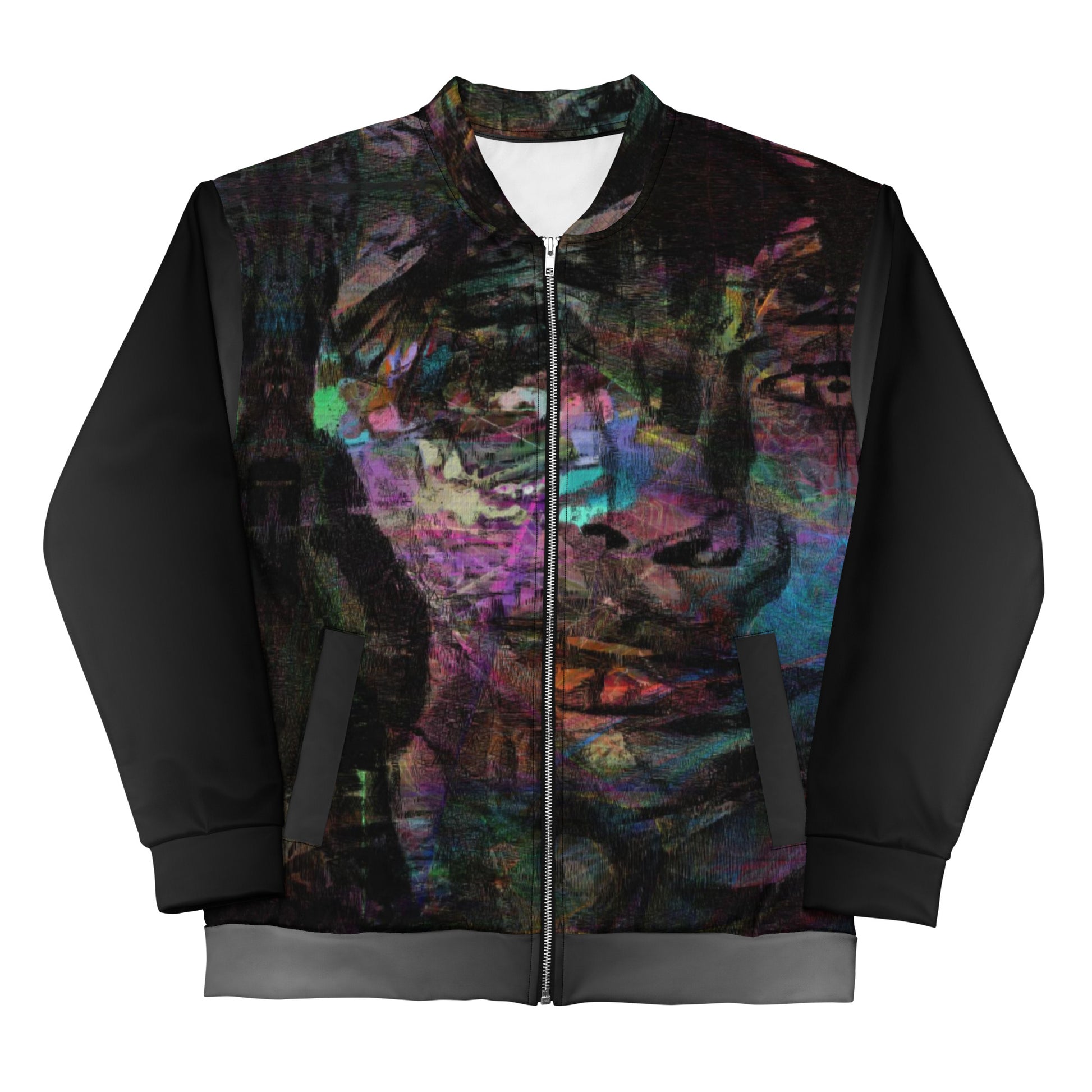 Chromatic Dreams Unisex Abstract Bomber Jacket with vibrant colorful print, featuring abstract art design, by Hipyfi Clothes & Design front-6