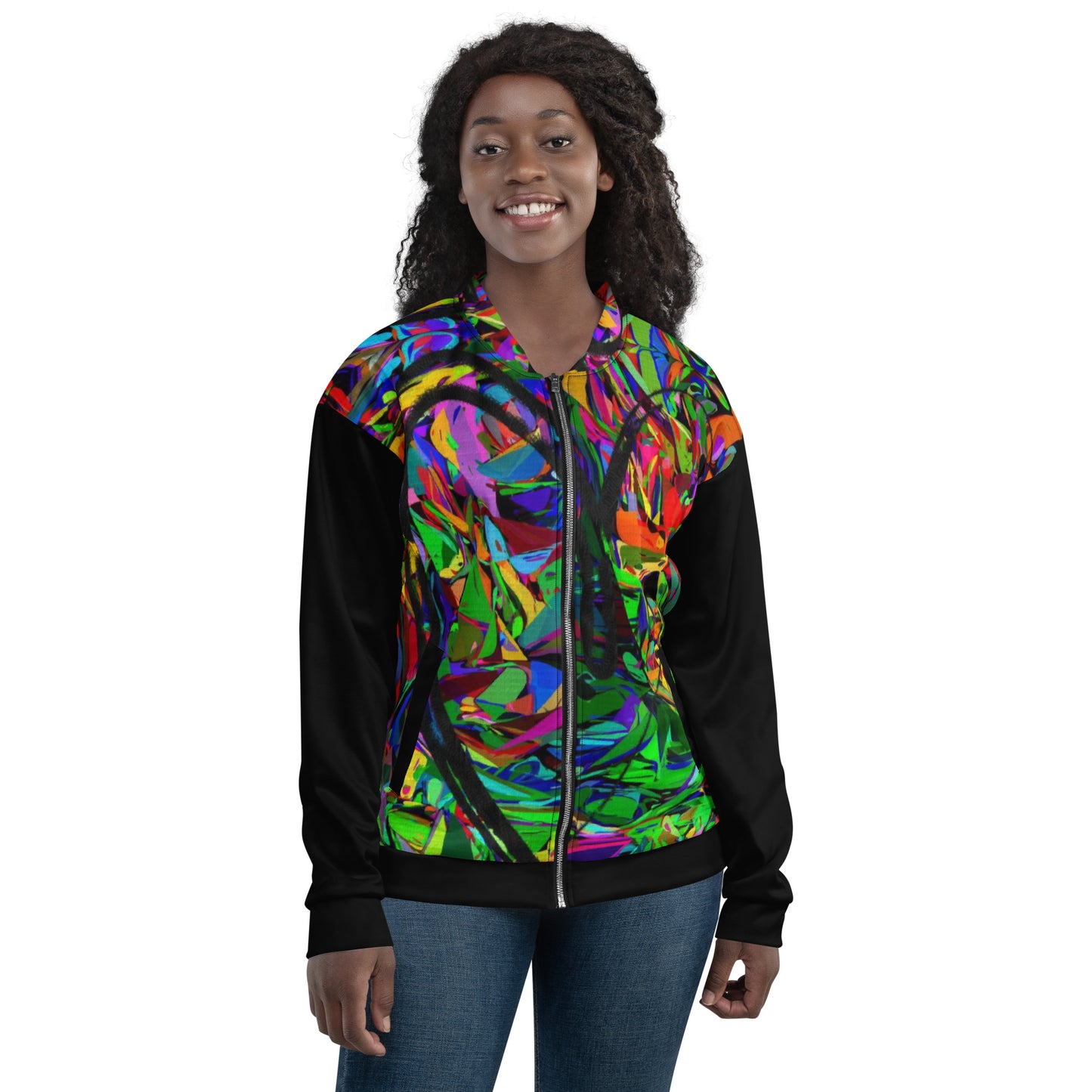 Unisex bomber jacket with vibrant neon abstract print – streetwear by Hipyfi Clothes & Design Front-4