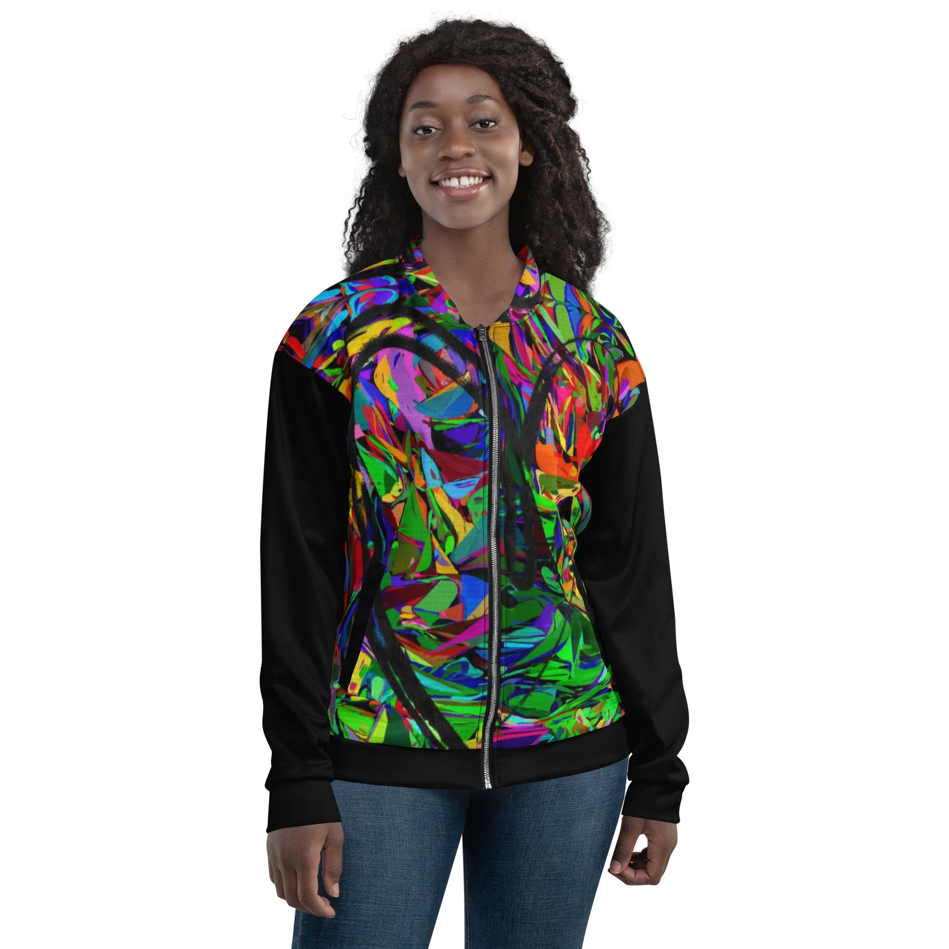 Unisex bomber jacket with vibrant neon abstract print – streetwear by Hipyfi Clothes & Design Front-4