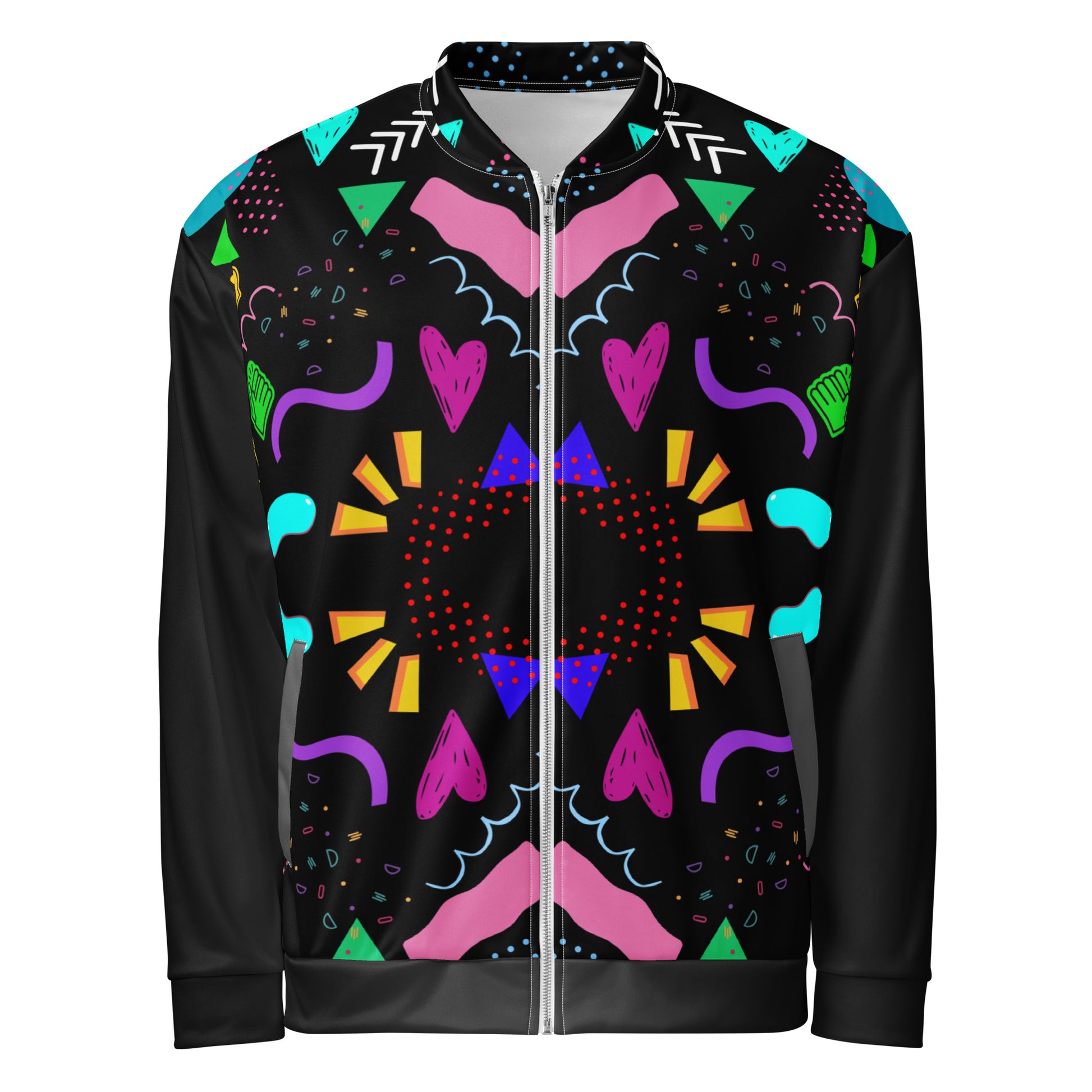 Unisex bomber jacket with retro pop art Memphis design by Hipyfi Clothes & Design. front-6