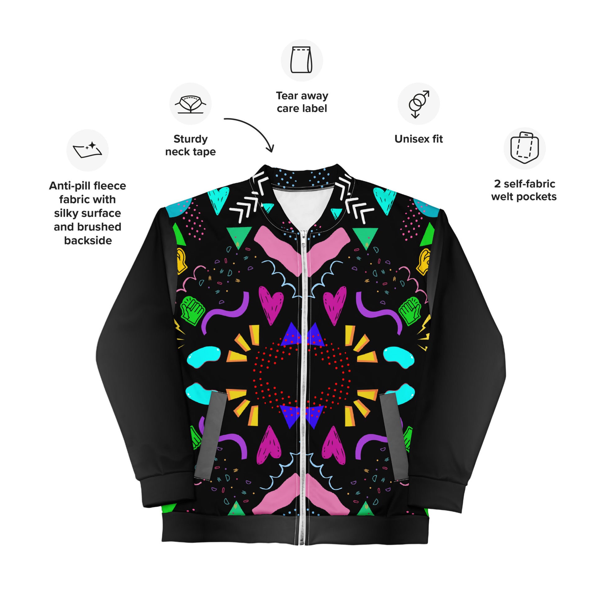 Unisex bomber jacket with retro pop art Memphis design by Hipyfi Clothes & Design. Product-info