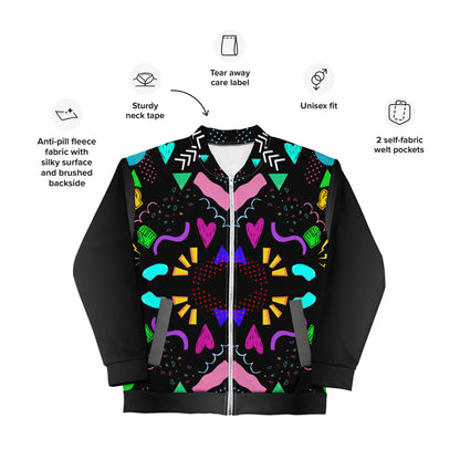 Unisex bomber jacket with retro pop art Memphis design by Hipyfi Clothes & Design. Product-info
