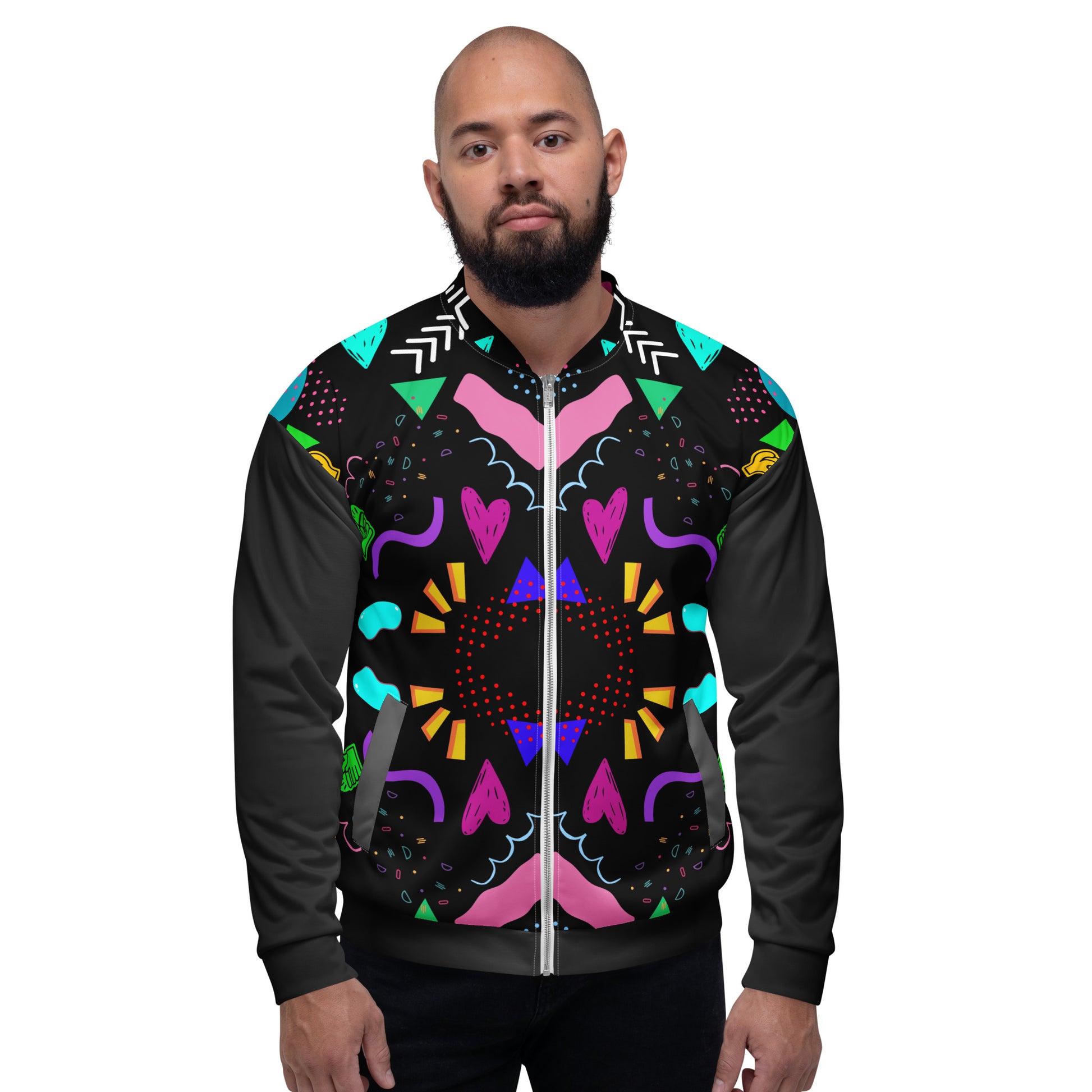 Unisex bomber jacket with retro pop art Memphis design by Hipyfi Clothes & Design. front-2