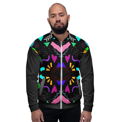 Unisex bomber jacket with retro pop art Memphis design by Hipyfi Clothes & Design. front-2