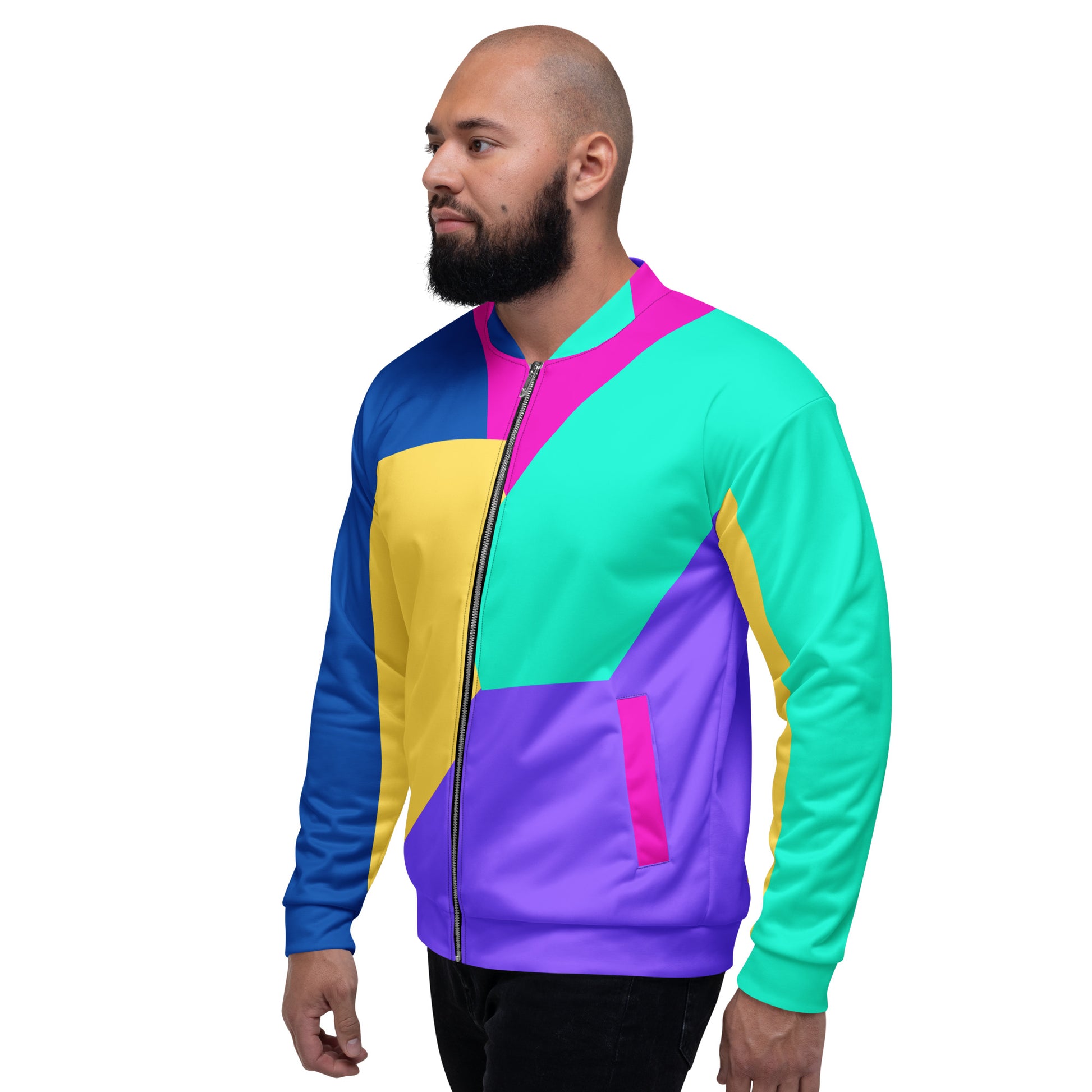 Unisex bomber jacket with Memphis style color block geometric design in bold 80s-inspired colors by Hipyfi Clothes & Design. left-3