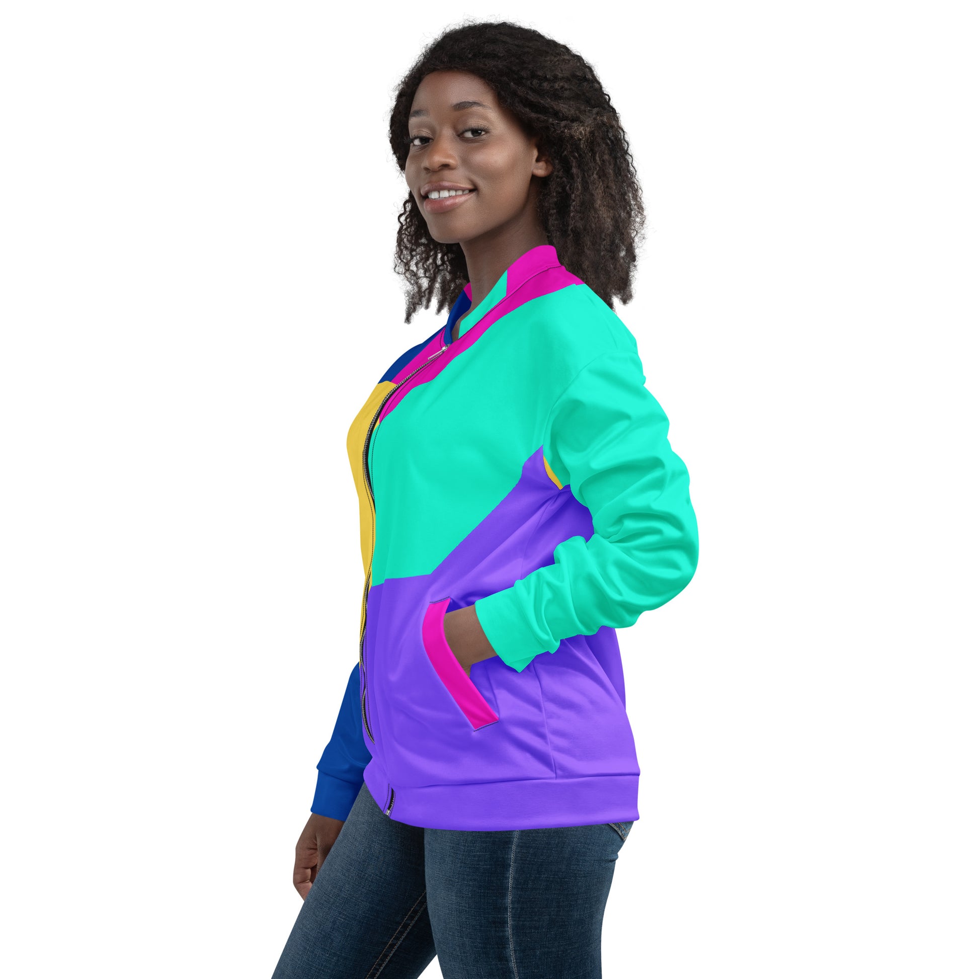 Unisex bomber jacket with Memphis style color block geometric design in bold 80s-inspired colors by Hipyfi Clothes & Design. left-4