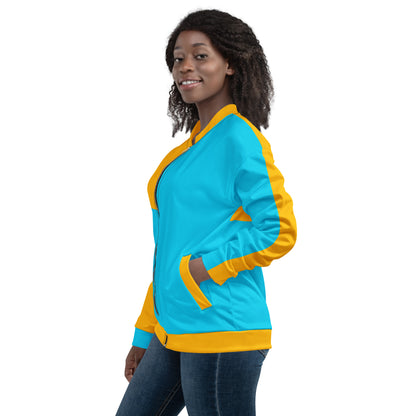 Modern unisex color-block bomber jacket in mustard yellow and cyan blue by Hipyfi Clothes & Design. left-4