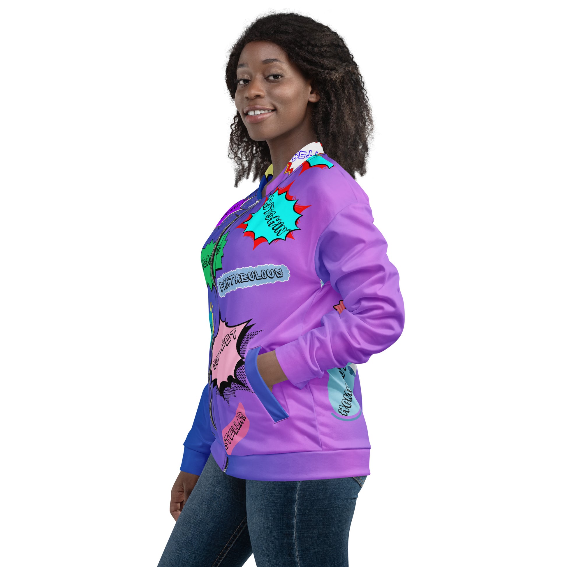 Unisex 80s comic bomber jacket with retro pop art design by Hipyfi Clothes & Design. left-4
