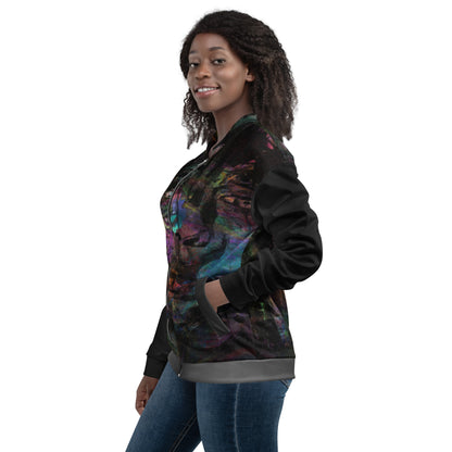 Chromatic Dreams Unisex Abstract Bomber Jacket with vibrant colorful print, featuring abstract art design, by Hipyfi Clothes & Design left-4