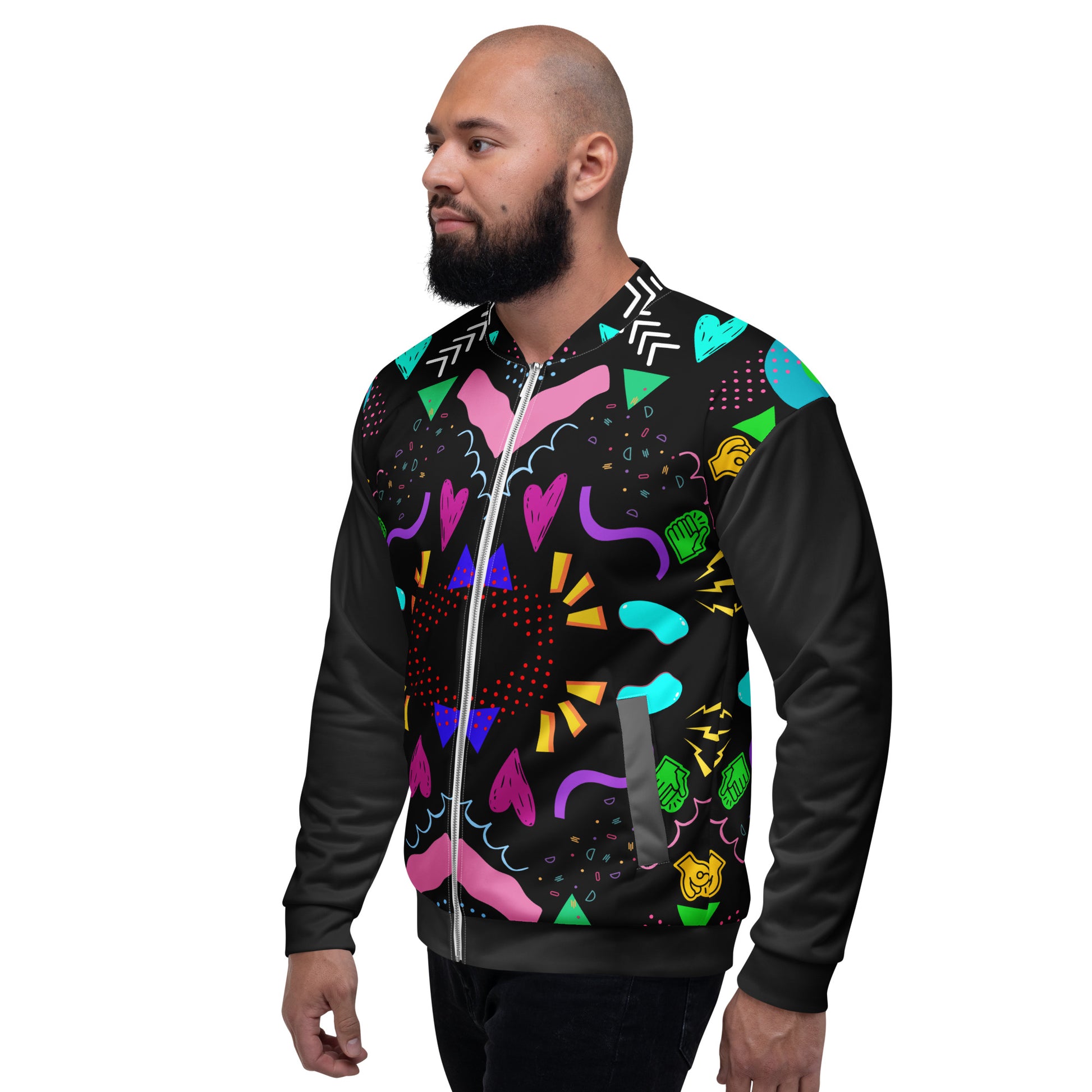Unisex bomber jacket with retro pop art Memphis design by Hipyfi Clothes & Design. left-2