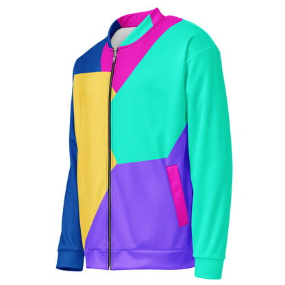 Unisex bomber jacket with Memphis style color block geometric design in bold 80s-inspired colors by Hipyfi Clothes & Design. left-front-5