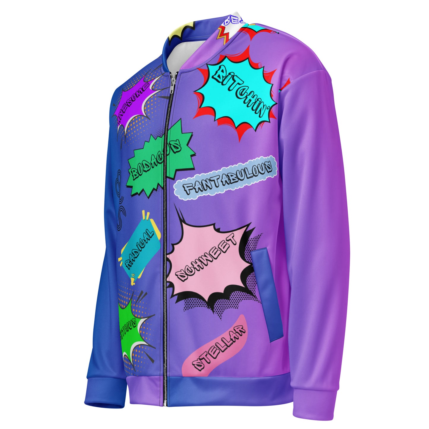 Unisex 80s comic bomber jacket with retro pop art design by Hipyfi Clothes & Design. left-front-5