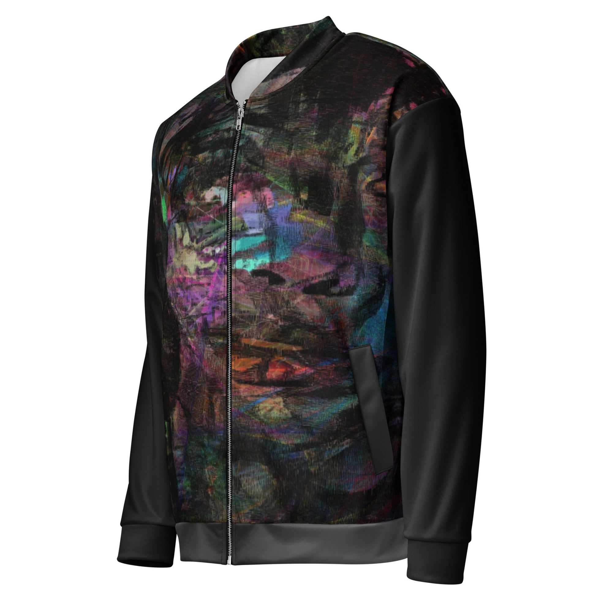 Chromatic Dreams Unisex Abstract Bomber Jacket with vibrant colorful print, featuring abstract art design, by Hipyfi Clothes & Design left-front-5