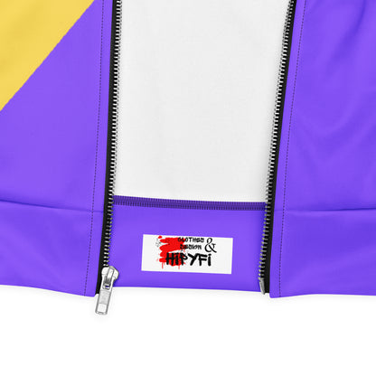 Unisex bomber jacket with Memphis style color block geometric design in bold 80s-inspired colors by Hipyfi Clothes & Design. product-details