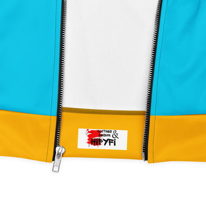 Modern unisex color-block bomber jacket in mustard yellow and cyan blue by Hipyfi Clothes & Design. product-details