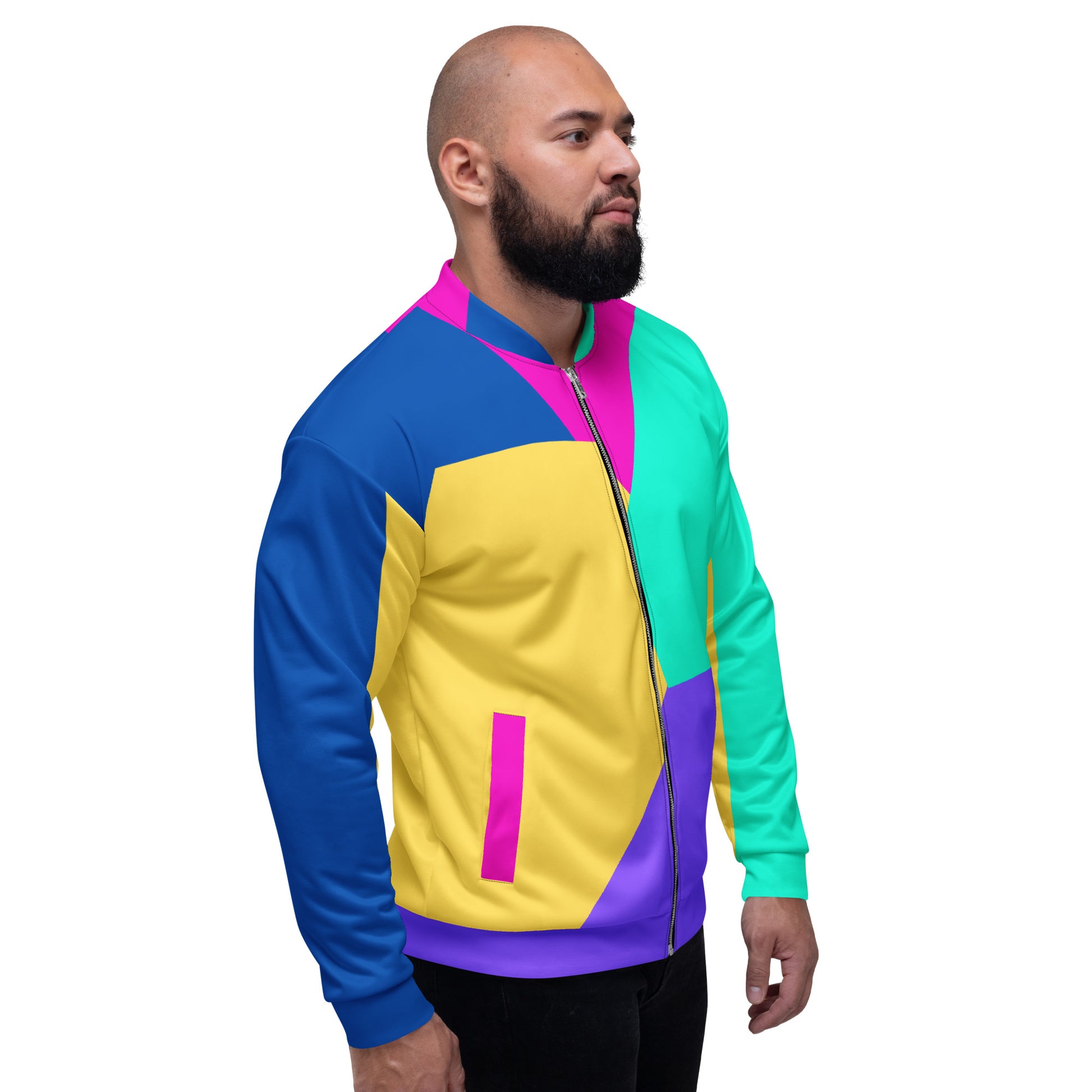 Unisex bomber jacket with Memphis style color block geometric design in bold 80s-inspired colors by Hipyfi Clothes & Design. right-3