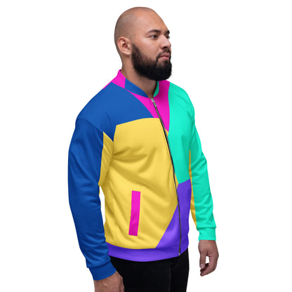 Unisex bomber jacket with Memphis style color block geometric design in bold 80s-inspired colors by Hipyfi Clothes & Design. right-3