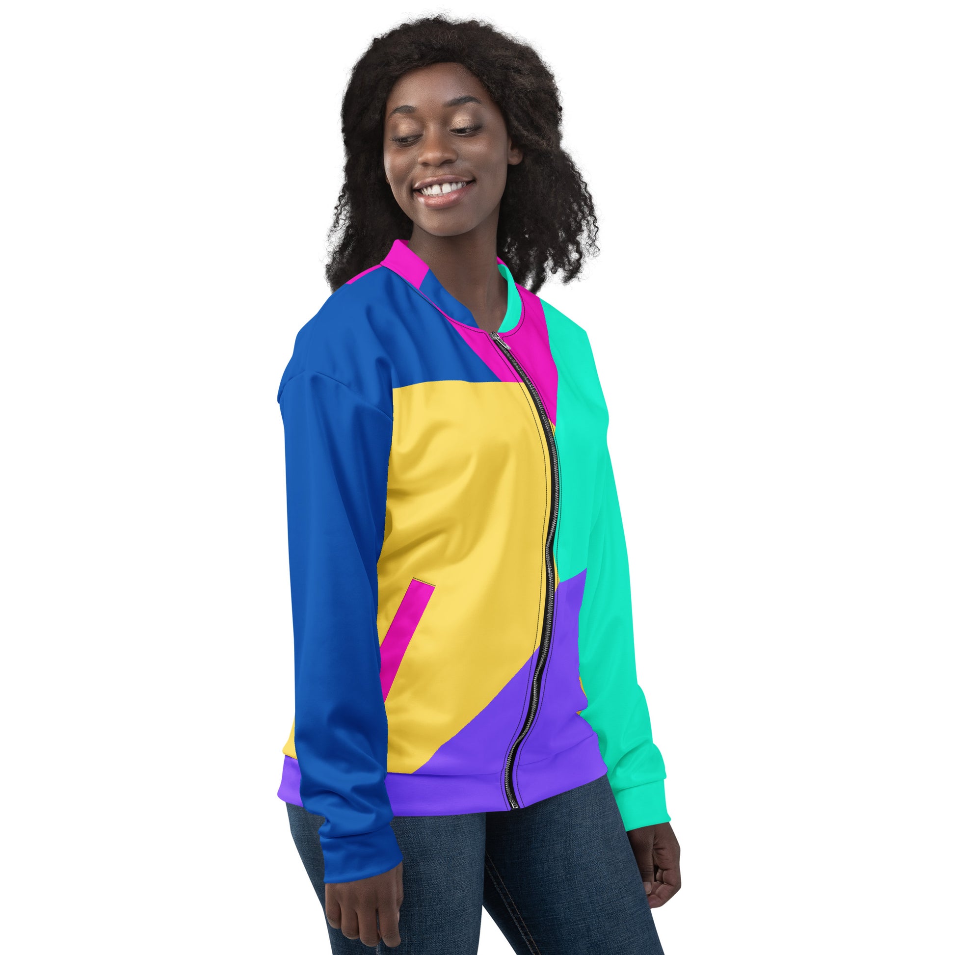 Unisex bomber jacket with Memphis style color block geometric design in bold 80s-inspired colors by Hipyfi Clothes & Design. right-4