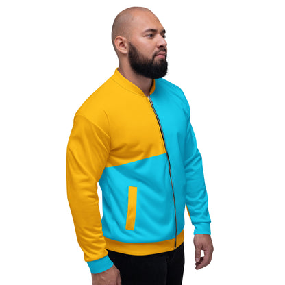 Modern unisex color-block bomber jacket in mustard yellow and cyan blue by Hipyfi Clothes & Design. right-3