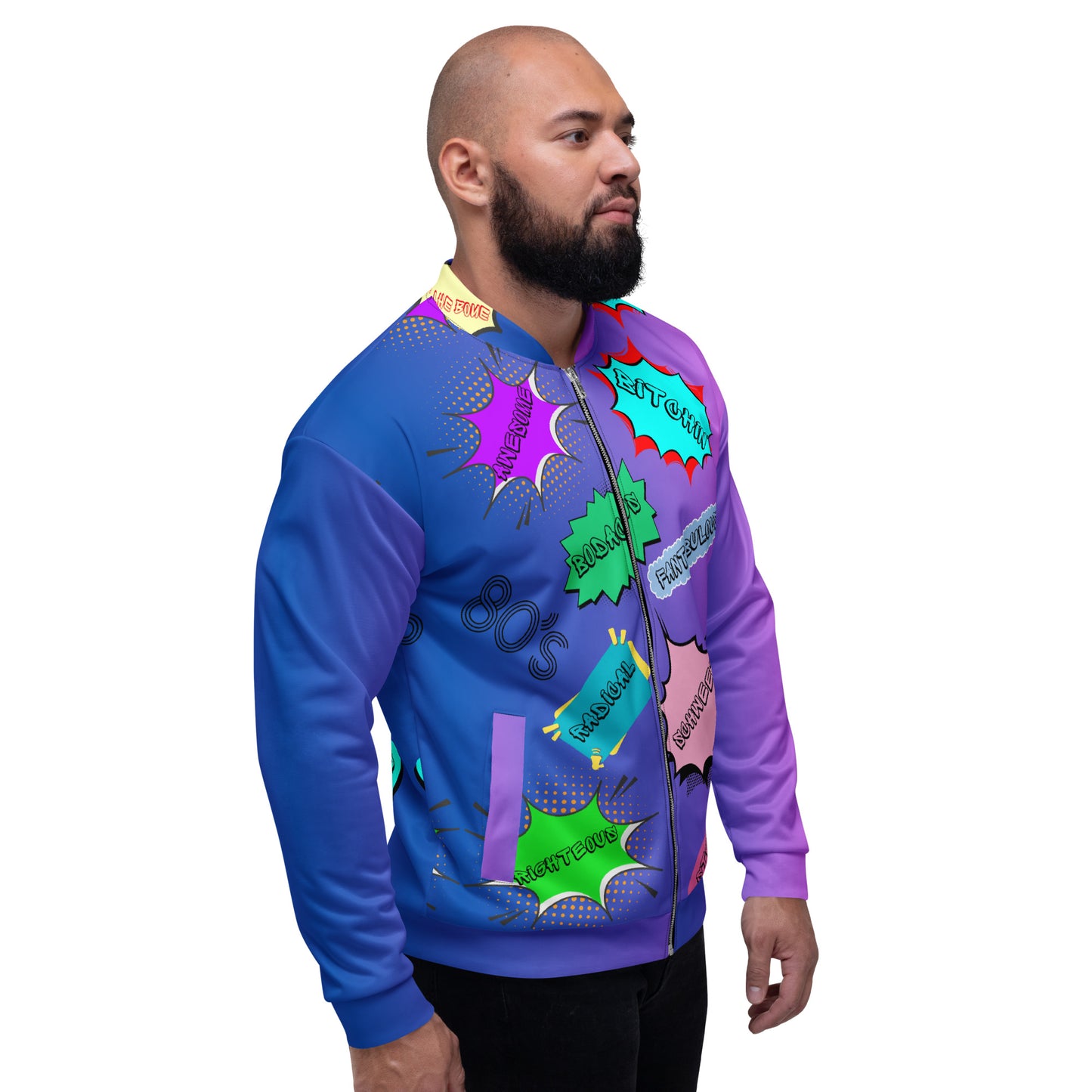 Unisex 80s comic bomber jacket with retro pop art design by Hipyfi Clothes & Design. right-3